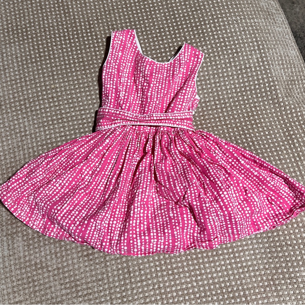 Kayce Hughes pink and white polka dot pattern dress